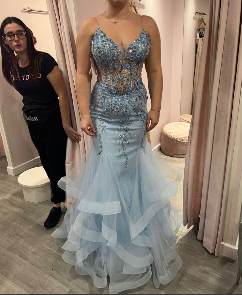Blaues Tüll-Spitzen-Partykleid, Meerjungfrauen-Schnitt, Spaghettiträger, langes, sexy Ballkleid, Abendkleid AB1571