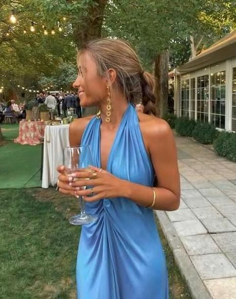 Einfaches, langes, blaues Neckholder-Abendkleid in A-Linie für Damen AB1554