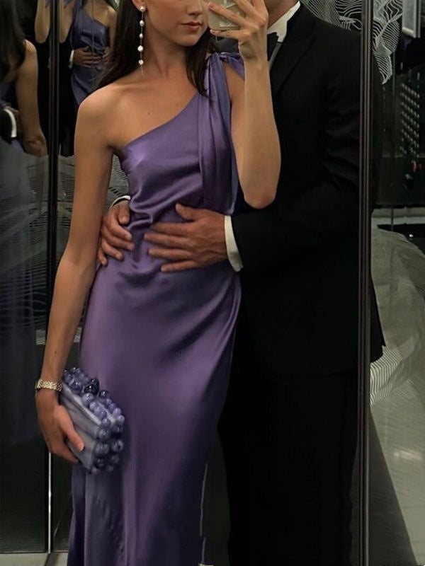 Lila Satin-Abendkleid im Meerjungfrauenstil mit einem Schulterträger, lang, AB1550