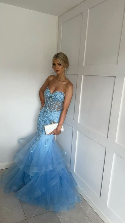 Blumenmuster Meerjungfrauen-Abendkleid in Himmelblau, trägerlos, langes Abendkleid AB1567