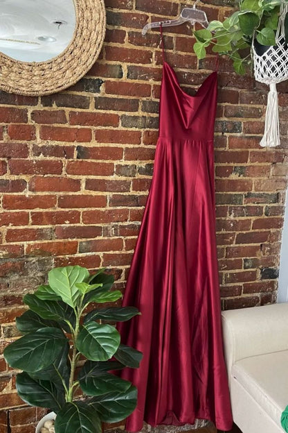 Robe de bal longue en satin bordeaux, coupe trapèze simple, fente haute - Inspiration robe de soirée AB704