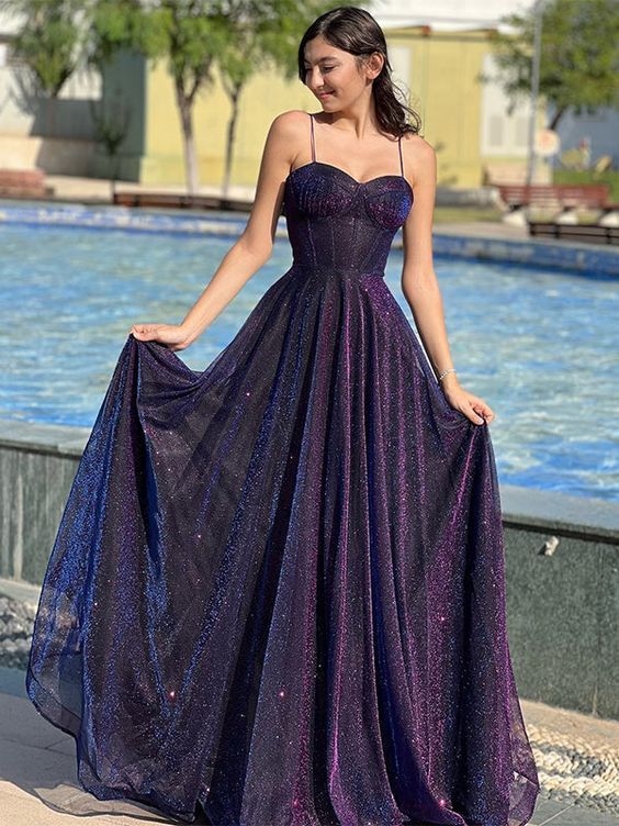 Funkelndes Tüll-Abendkleid für Damen, langes Korsett, A-Linie, Spaghettiträger, Glitzer, formelle Roben, Inspiration Abendkleid AB705