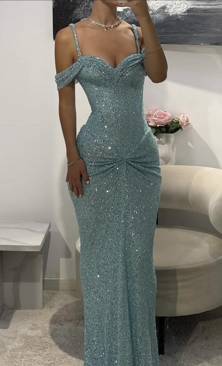 Glitzerndes Bodycon-Kleid mit blauen Trägern und Pailletten, langes Ballkleid, Meerjungfrauen-Bodycon für Damen N4114