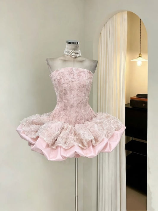 Lovely Ball Gown Hoco & Homecoming Dress Strapless Pink Lace Evening Dress Short Party Dresses RB6439
