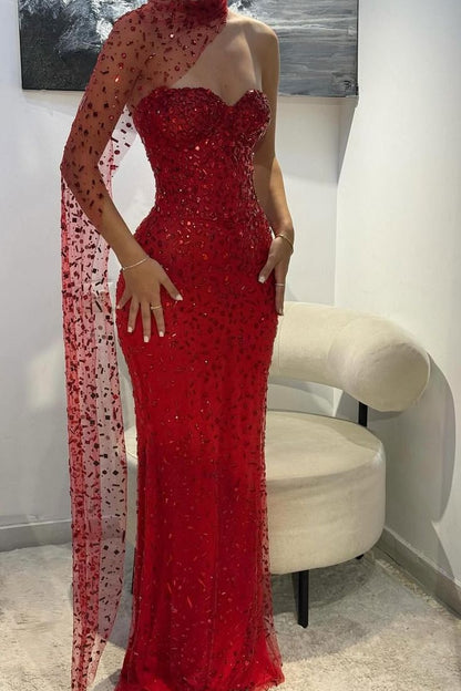 Magnifique robe de bal sirène rouge à décolleté cœur, sans manches et sans bretelles, ornée de pierres précieuses, semi-formelle, longue, pour adolescentes AB1998