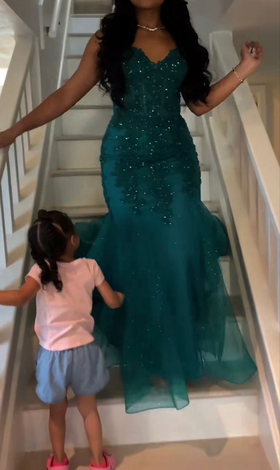 Dunkelgrünes Meerjungfrauen-Abendkleid aus Tüll und Spitze, Winterkleid, halbformelles langes Abschlussballkleid für Teenager AB1994