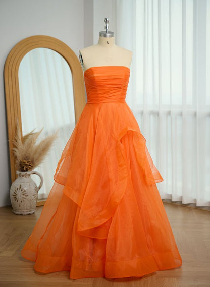 Robe de bal élégante sans bretelles en tulle orange poudré, robe de soirée longue et formelle pour femme, robe de bal de fin d'année pour un anniversaire de 16 ans AB1291