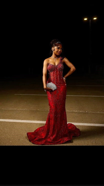 Sexy Meerjungfrauen-Abendkleid mit One-Shoulder-Träger, burgunderrot, Pailletten, perfekt für den 23. Geburtstag, als Ballkleid oder für schwarze Mädchen zum 20. Geburtstag (AB2000)