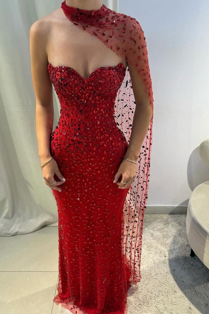 Magnifique robe de bal sirène rouge à décolleté cœur, sans manches et sans bretelles, ornée de pierres précieuses, semi-formelle, longue, pour adolescentes AB1998