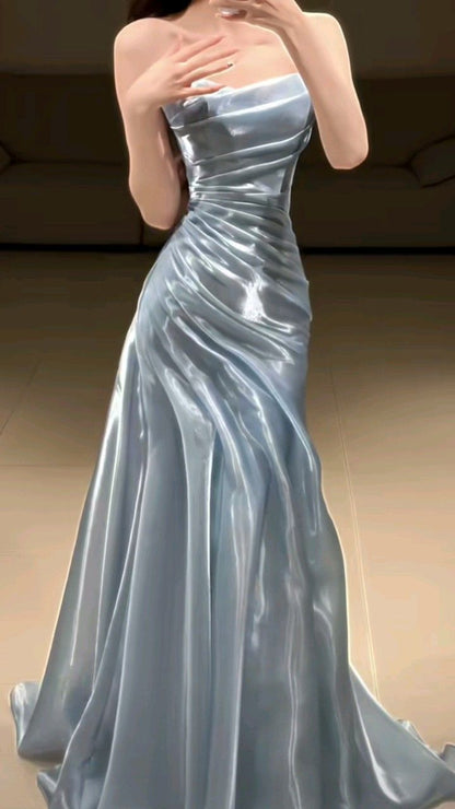 Light Blue Strapless Pleated Prom Dresses Evening Formal Gown Semi Formal Grad Long Prom Dress For Teens AB1993