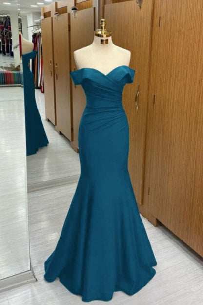 Robe de bal sirène longue bleu marine à épaules dénudées et manches courtes décolletées en cœur - Tenue d'anniversaire AB2390