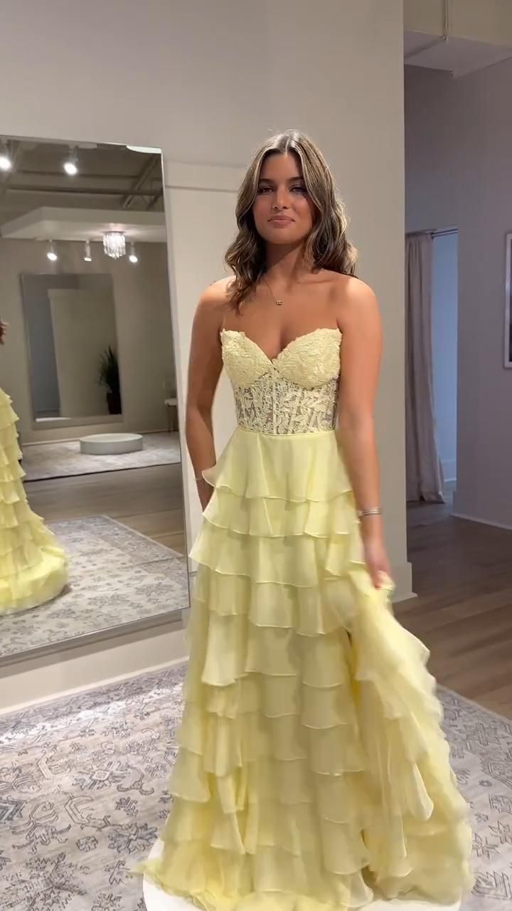 A line Sweetheart Pale Yellow Chiffon Flowy Ruffle Long Formal Gowns Prom Dresses Evening Dress AB711