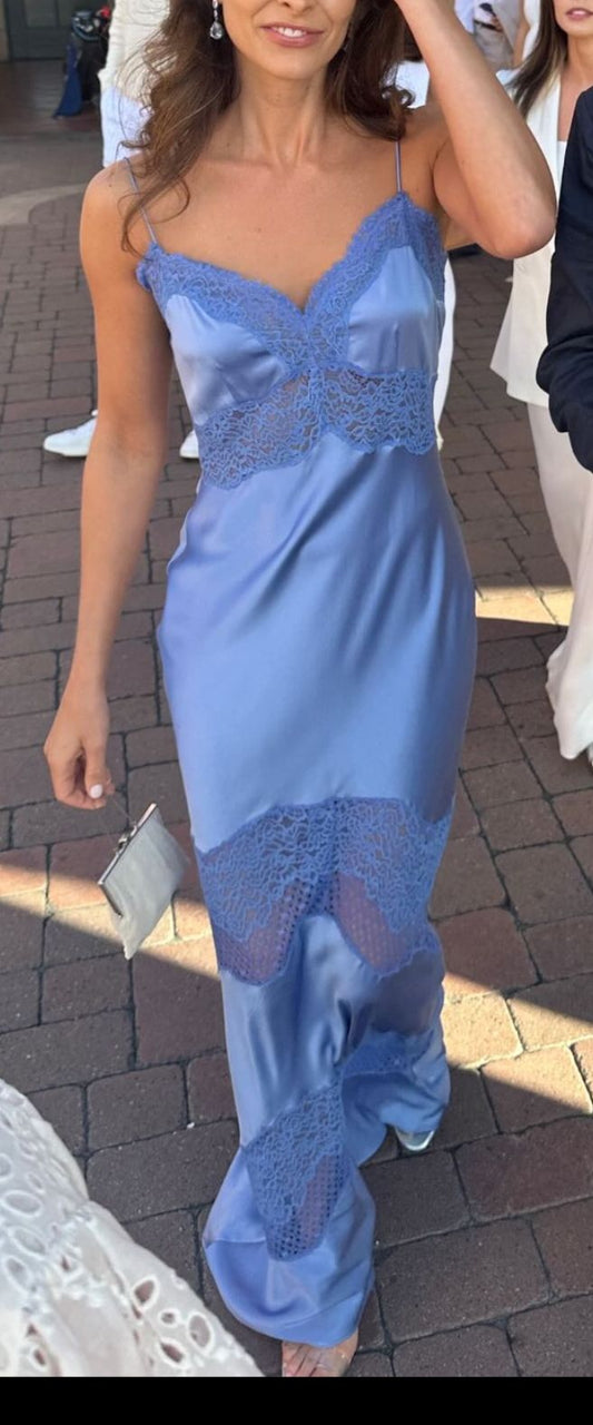 Elegantes, ärmelloses Etuikleid mit Spaghettiträgern aus blauem Satin, langes Abendkleid für Sommer, Strand und festliche Anlässe, Frühlingshochzeitsgastkleid N1391