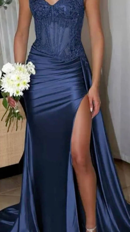 Robe de soirée sirène à fines bretelles et fente pour femme AB1621