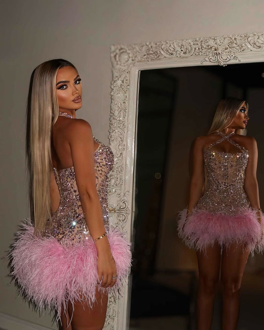 Sweet 16 & 8th Grade Prom Sparkling Short Halter Pink Homecoming Dresses Birthday Party Dress RB6300