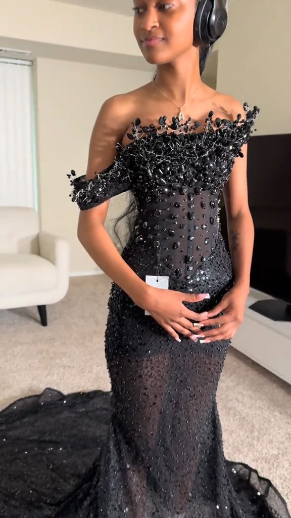 Robe de bal sirène bustier sexy pour femmes noires, ornée de sequins, perles et cristaux, longue robe de soirée formelle N788