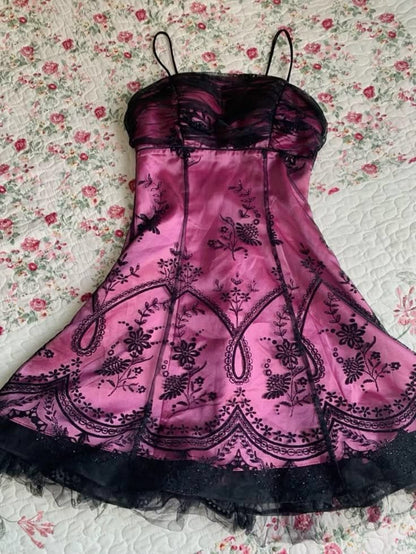 Vintage Black Tulle Lace Pink Satin A-Line Birthday Short Skirt Homecoming Dress RB6782