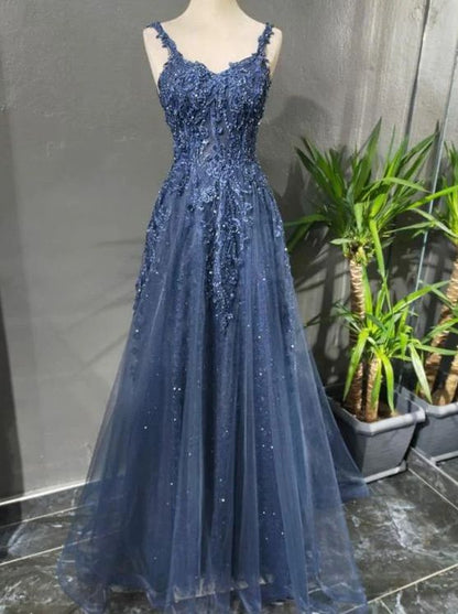 Robe de bal longue bleu marine en tulle, coupe trapèze, bretelles spaghetti, style modeste, N048