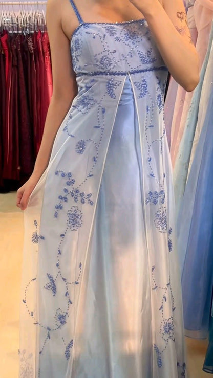 Vintage Spaghetti-Träger A-Linien-Hochzeitsgastkleider aus blauem Tüll, formelle Ballkleider AB1847