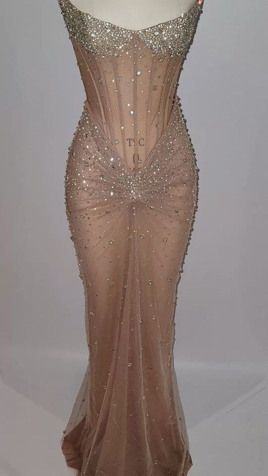 Neu angekommen elegantes Champagner langes Partykleid Ballkleider Meerjungfrau Bodycon für Frauen N4071
