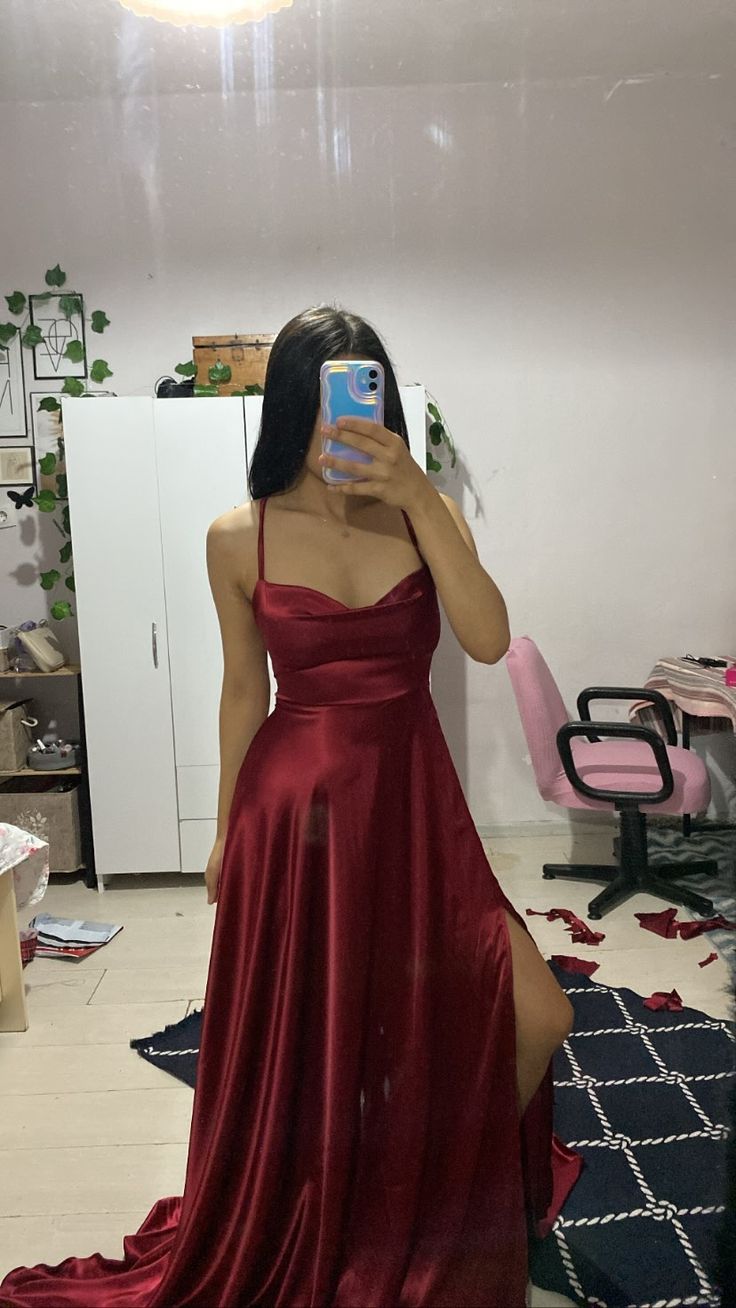 Modest A line Spaghetti Strap Burgundy Satin Slit Prom Dresses Sleeveless Long Formal Party Gown AB341