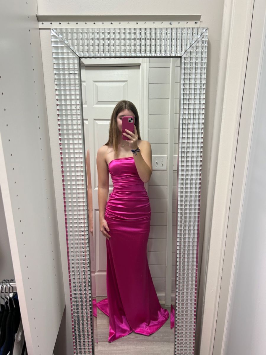 Modest Mermaid Strapless Hot Pink Satin Senior Prom Dresses Sleeveless Long Formal Party Gown AB354