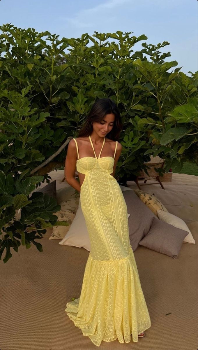 Meerjungfrauen-Abendkleid mit Spaghettiträgern, sexy, besonderes Kleid aus Spitze, gelbes Partykleid AB995