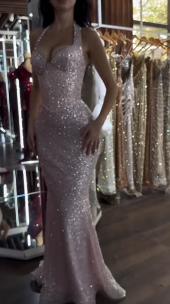 Glitzer Halter Neck Rosa Langes Abendkleid Abschlussballkleider Pailletten Meerjungfrau Bodycon Für Teenager Mädchen Damen N4099