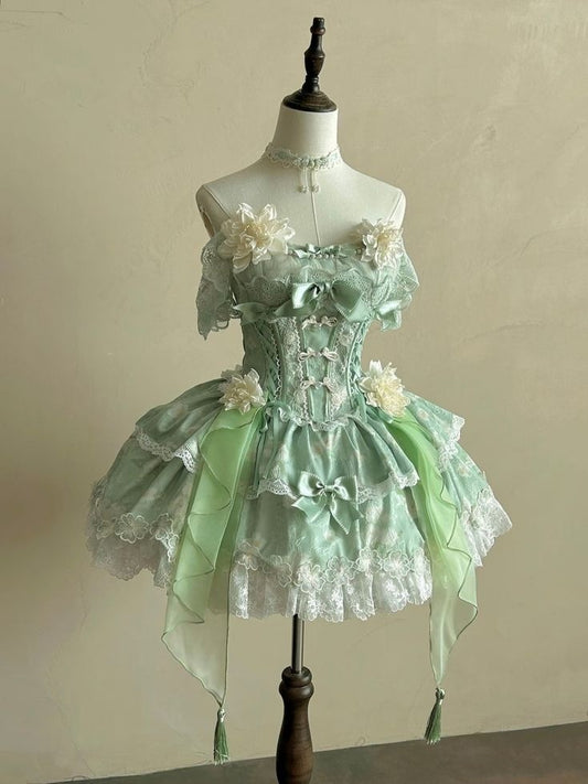 Lovely Ball Gown Hoco & Homecoming Gown Strapless Green Lace Lolita Dress Short Party Dresses RB6440