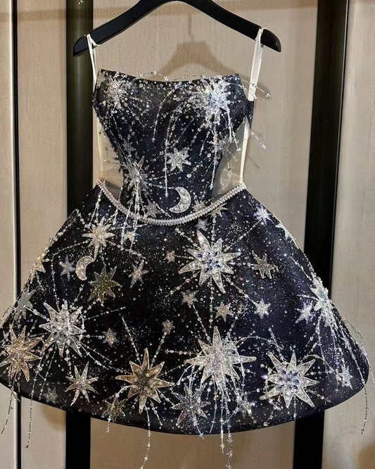 Sparkling Navy Blue Mini Dress Homecoming Dresses 2026 with Stars Party Outfit Birthday Cocktail Outfits RB6287