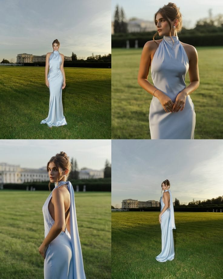 Bescheidenes Meerjungfrauenkleid mit hohem Hals, ärmellos, himmelblau, rückenfrei, aus Satin, Frühlings-Sommer-Event-Outfits, Hochzeitsgastkleider RB3804