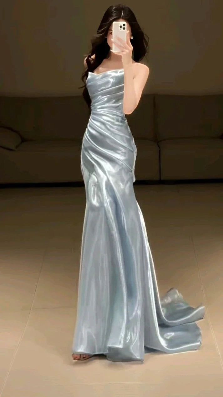 Light Blue Strapless Pleated Prom Dresses Evening Formal Gown Semi Formal Grad Long Prom Dress For Teens AB1993