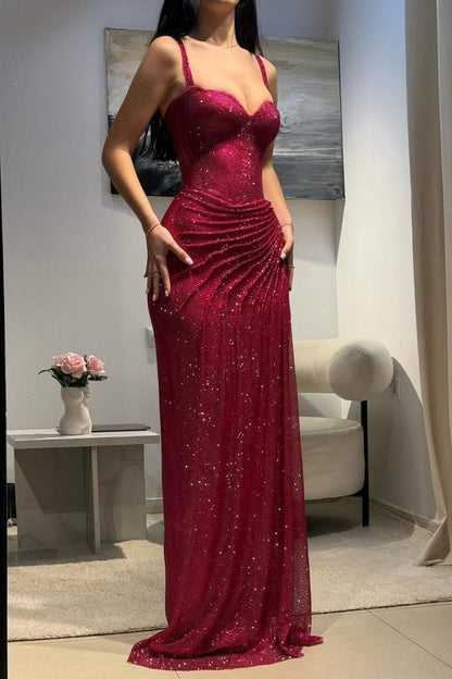 Robe de bal moulante à paillettes, décolleté en cœur, fines bretelles et fente latérale froncée, idéale pour les lycéennes (AB1989).
