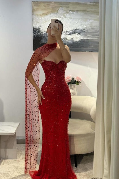 Magnifique robe de bal sirène rouge à décolleté cœur, sans manches et sans bretelles, ornée de pierres précieuses, semi-formelle, longue, pour adolescentes AB1998