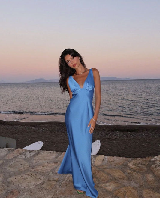 Elegantes, langes Meerjungfrauen-Abendkleid aus blauem Satin mit V-Ausschnitt, geeignet für Sommer, Strand und Abschlussball, auch als Hochzeitsgastkleid im Frühling (N1393)