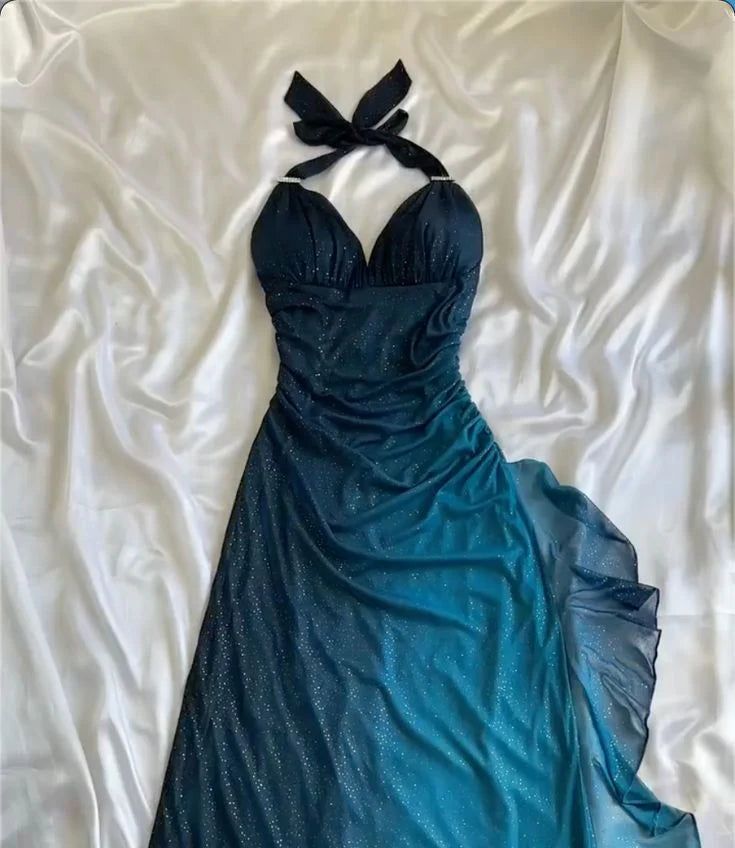 Elegant A line Halter Royal Blue Chiffon Ombre Evening Women Party Dresses Long Formal Prom Dresses 16 Birthday Gown AB1298