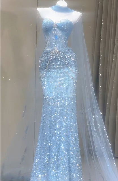 Blaues Meerjungfrauen-Abendkleid, ästhetisches, herzförmiges Tüllkleid, langes formelles Abendkleid AB1664