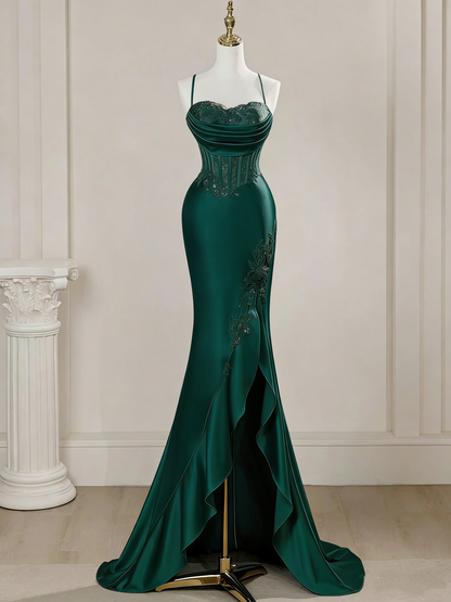 Elegant Mermaid Spaghetti Straps Blue Satin Beaded Pleated Long Prom Dresses Vestidos De Dia AB591