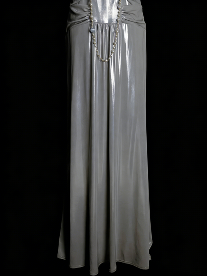 Einfaches, graues A-Linien-Abendkleid im 80er-Jahre-Stil mit Spaghettiträgern, langes formelles Kleid für die High School, Modell N1334