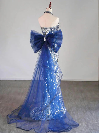 Glitzerndes silbernes Pailletten-Meerjungfrauen-Abendkleid, langes Ballkleid mit Schleife für Teenager, Gymnasien AB1931