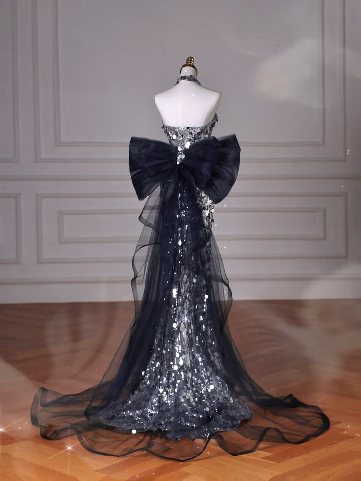 Schwarzes, glitzerndes Pailletten-Tüll-Meerjungfrauen-Abendkleid, trägerlos mit Schleife, für Teenager und Gymnasien AB1932