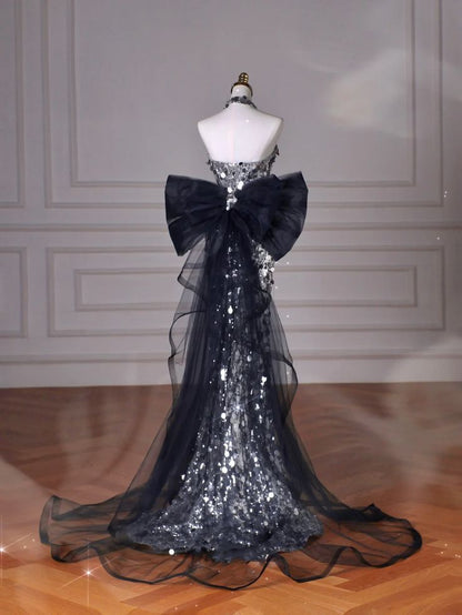 Schwarzes, glitzerndes Pailletten-Tüll-Meerjungfrauen-Abendkleid, trägerlos mit Schleife, für Teenager und Gymnasien AB1932