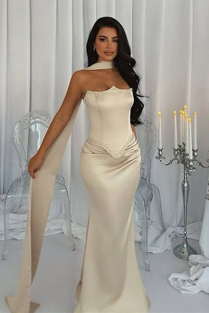 Robe de bal sirène bustier de luxe en satin, longueur au sol, sans manches, ornée de perles et de ruban AB967