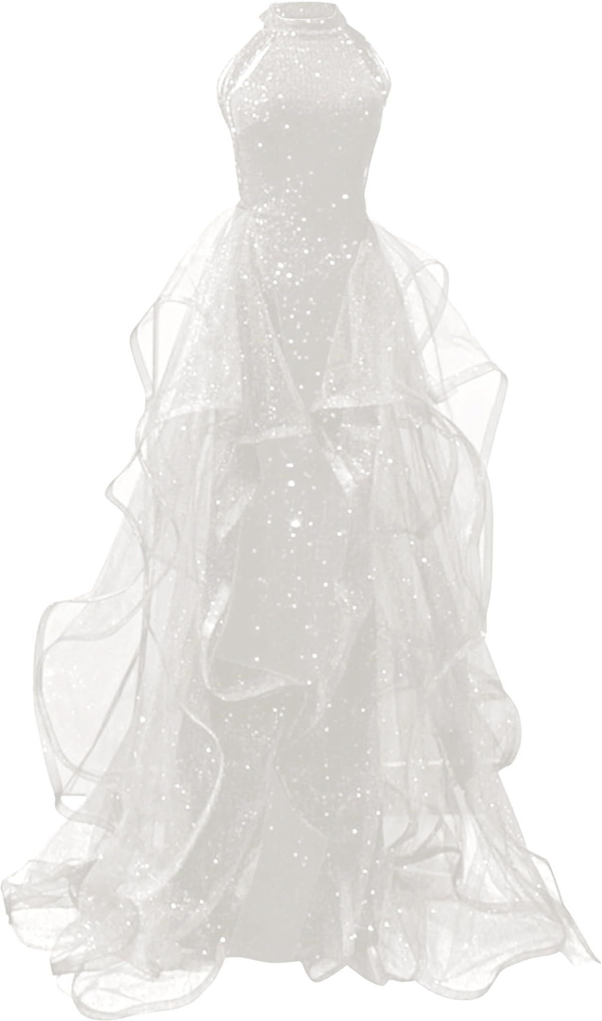 Paillettenbesetztes Ballkleid mit hohem Kragen, lange A-Linie, glitzerndes Tüllkleid, formelles Abendkleid für Damen AB972