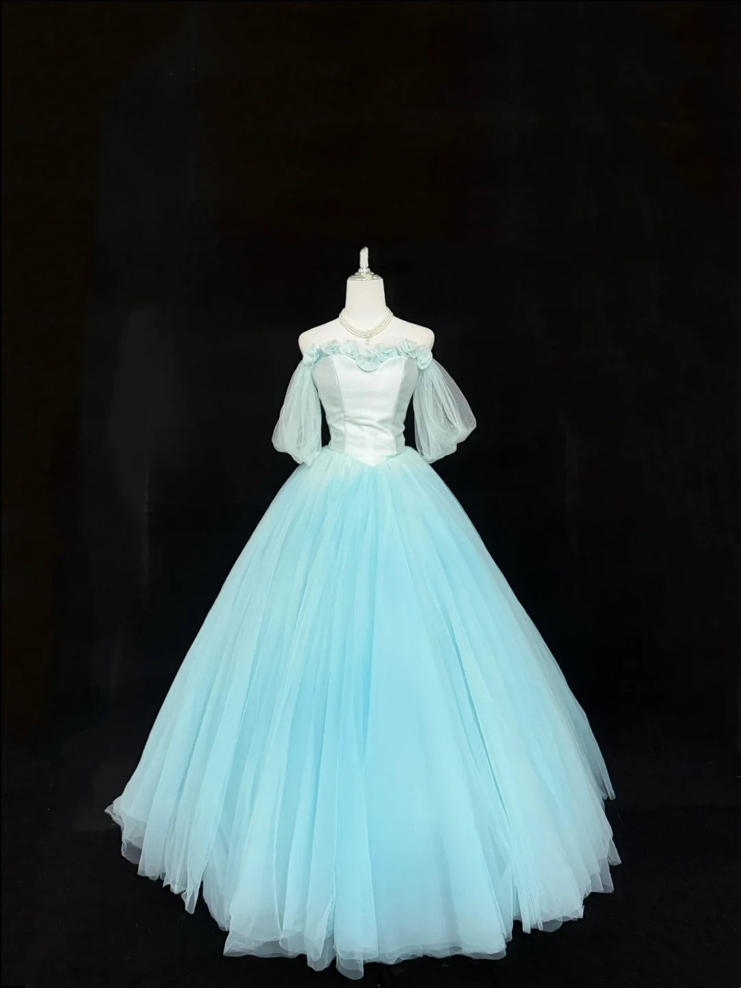 Sweet 16 Dresses Long Ball Gown Off Shoulder Blue With Sleeves Tulle Sweet Sixteen Birthday Gown RC0334