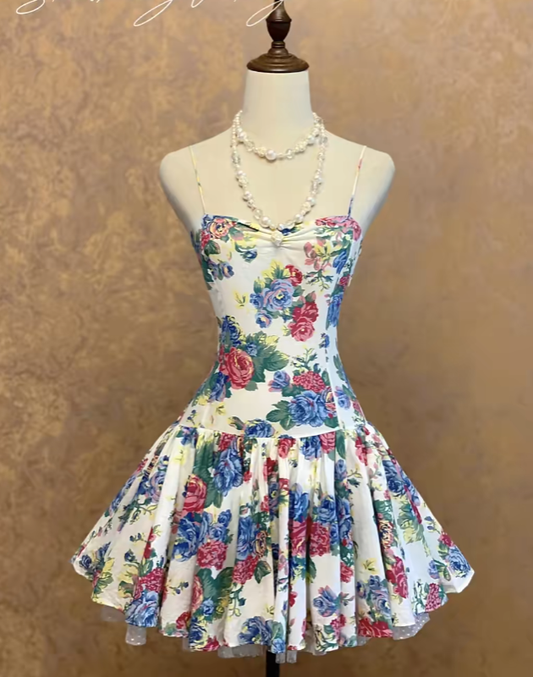 Vintage Hoco Dress A Line Spaghetti Straps Floral Short Homecoming Party Dress RC0036