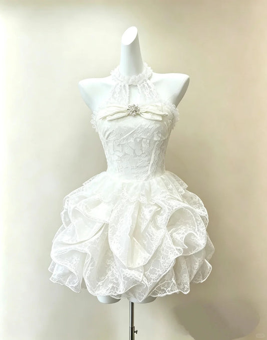 Elegant Ball Gown Halter White Lace Mini Short Cocktail Gown Homecoming Dresses Ideas Hoco Outfits RB4843