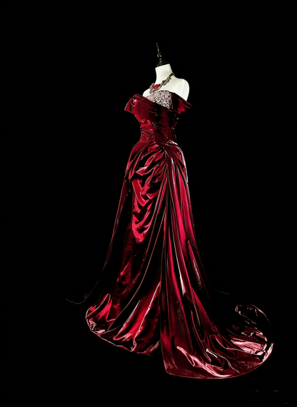 Verträumte Abschlussballkleider Vintage 90er Jahre mit Perlen Meerjungfrau schulterfrei Burgund Satin Lange formelle Outfits N2377