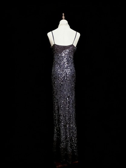 Robe de soirée sirène vintage à fines bretelles, style années 80, 70, 90, sequins gris argenté, longue, idéale pour les bals de fin d'année ou les remises de diplômes (N1145)