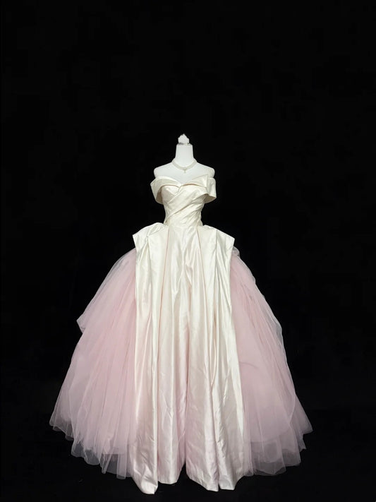 Sweet 16 Dresses Long Ball Gown Off Shoulder With Sleeves Pink Tulle Sweet Sixteen Birthday Gown RC0351